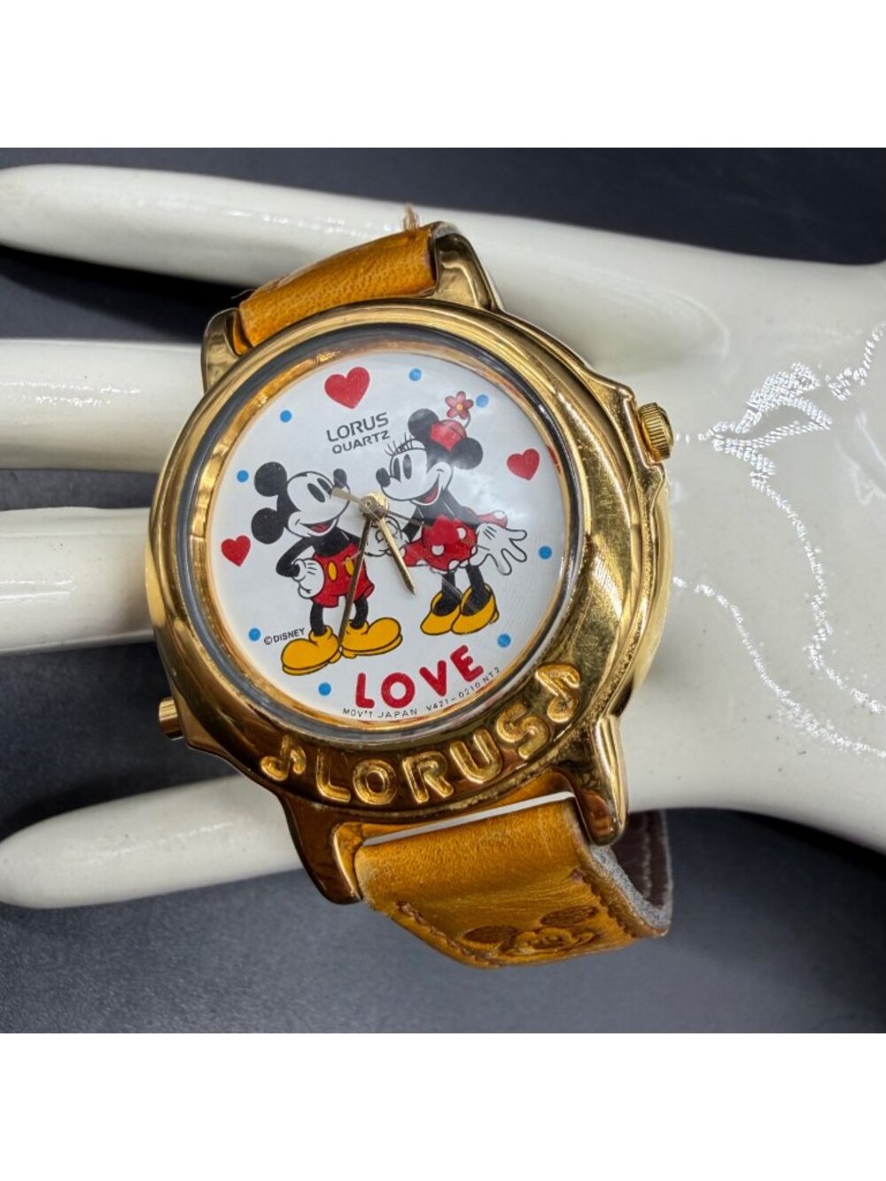 Mickey Minnie Mouse Watch Love Lorus Vintage 1990s Japan Gold Tone Retro